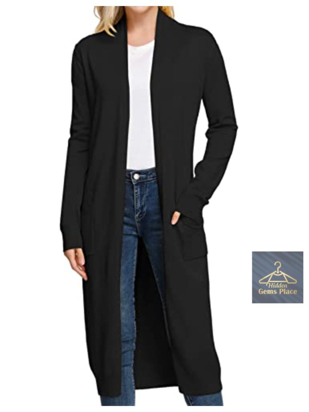 Essential Open Front Maxi Long Knitted Cardigan Sweater V-Neck Side Pockets